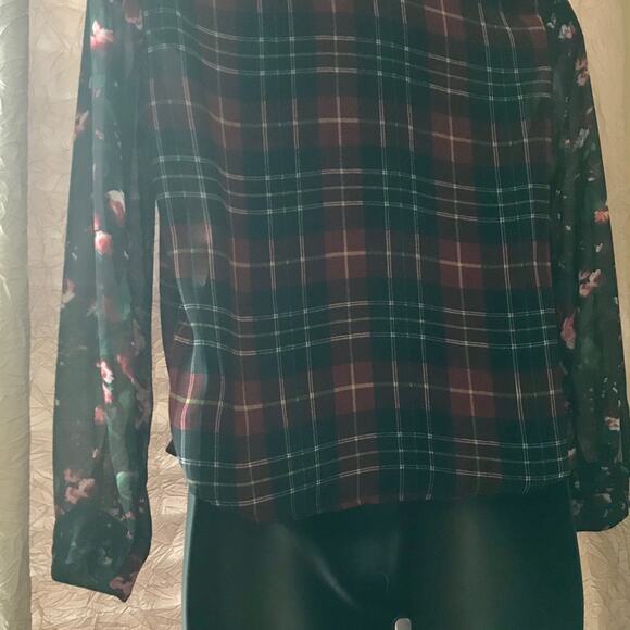 Sans Souci Sheer Plaid Top Floral Sleeves Sz Large - Picture 6 of 7